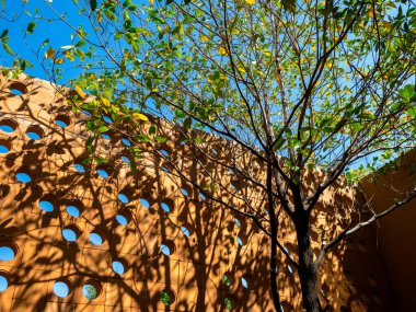 Terracotta ventilation circular brick block wall with circle space pattern wall exterior with tree shade on blue sky background. Concrete cement air outdoor decoration.