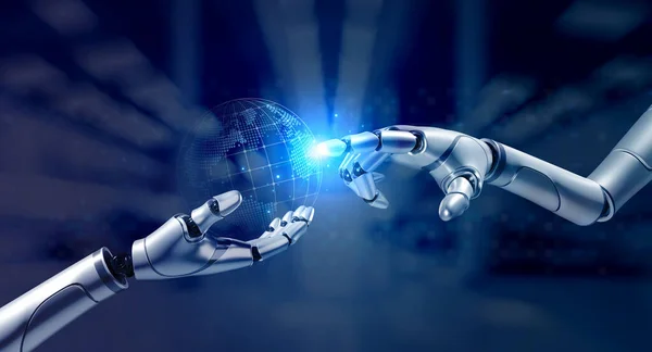 3d rendering robot finger touching on virtual digital world holding by other robot\'s hand holding on blue background. Ai futuristic robotic cyborg on modern office place, machine learning concept.