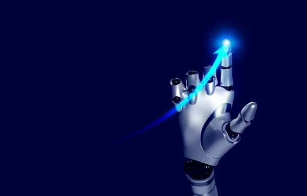 3d rendering smart robot's hand draws rising futuristic arrow on blue background. Ai robotic, finger pointing on glow arrowhead. Business growth and success concept. Increase business opportunities.