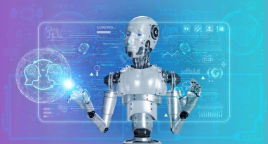 Sanal gerçeklik hologram arayüzü ekranında çalışan ve öğrenen insan robotu dijital büyük veri teknolojisi ve bilgiyle donatılmış. Ai robotik, yapay zeka teknolojisi konsepti.