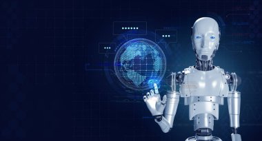 3D görüntüleme robotu dijital dünyanın sanal hologramını işaret ediyor ve mavi arkaplandaki çevrimiçi veri bilgileri için sohbet simgesi. Ai robotik, sohbet robotu, yapay zeka otomatik asistan desteği.