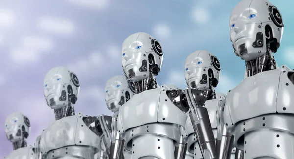 三维人形机器人的绘制是在机器人军队 工厂背景下的机器人工业小组的一排中进行的 未来人工智能机器人团队 人工智能技术概念 — 图库照片