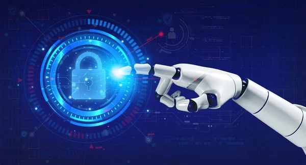 3d rendering robot's hand pointing on virtual reality hologram of protection digital padlock for data network and information security on blue. Ai robotic, artificial intelligence technology concept.