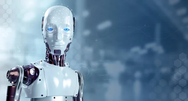 利用复制空间在模糊的工厂背景上绘制人体机器人机器人人像的3D渲染 看着相机 面向未来的人工智能机器人人形机器 人工智能技术概念 — 图库照片
