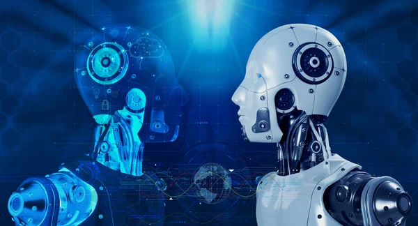 Renderizado Robot Cara Cara Con Robot Transparente Máquina Cyborg Inteligencia —  Fotos de Stock