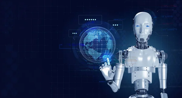 3D渲染机器人指向数字世界的虚拟全息图和蓝底在线数据信息的聊天图标 Ai机器人 聊天机器人 人工智能自动化辅助支持 — 图库照片