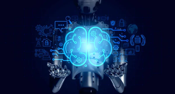 Brain working of Artificial Intelligence (AI) with 3d rendering robot showing all smart technology icons, digital element on blue background. Robotic on interface and network connection concept.