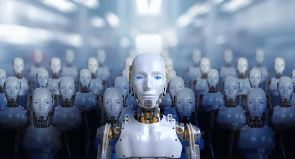 Renderização Retratos Robô Humano Líder Com Exército Robótica Grupo Industrial — Fotografia de Stock