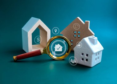 House online search, Property value, home buying and selling, real estate investment concepts. Home and and valuable research icons in magnifying glass with three types of house on blue background. clipart
