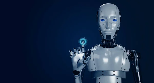 3D渲染智能机器人触摸手指与发光的虚拟数字按钮上的空白屏幕上的深蓝色背景与复制空间 Ai机器人 人工智能人类机器人 — 图库照片