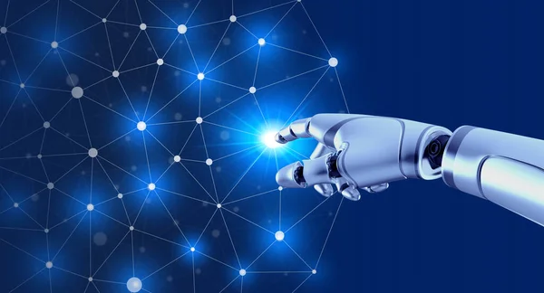 3d rendering humanoid robot\'s hand touch on digital world, circle polygon network, big data on blue space background. Futuristic AI system develops, artificial intelligence service technology concept.