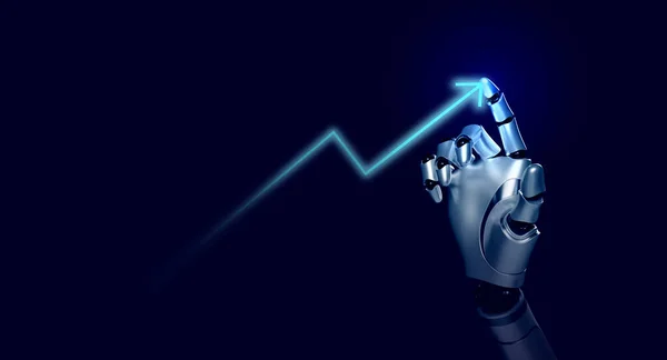 3d rendering smart robot\'s hand draws rising futuristic arrow on blue background. Ai robotic, finger pointing on glow arrowhead. Business growth and success concept. Increase business opportunities.