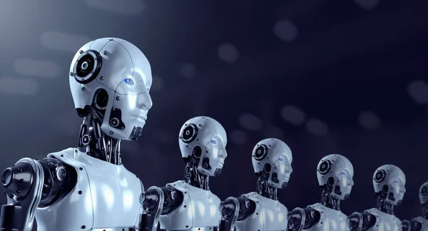 Fila Representación Retratos Robots Humanoides Ejército Robótica Grupo Industrial Máquinas —  Fotos de Stock
