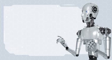 Boş uzay dijital çerçeve arkaplanını reklam, veri öğrenme veya pazarlama bilgisi için robotu üç boyutlu olarak gösteren şekilde düzenle. Ai robot sunucusu, yapay zeka teknolojisi..