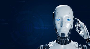 İnsansı robot cyborg 'un üç boyutlu görüntülemesi veya mavi siber arka planda fotokopi alanı ile elle kafaya doğrultularak hesaplanması. AI makine öğrenimi, yapay zeka fütüristik teknoloji konsepti.