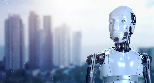 在模糊的首都城建筑背景上 利用仿真空间对人形机器人机器人人像进行三维渲染 面向未来的人工智能机器人人形机器 人工智能进化技术概念 — 图库照片