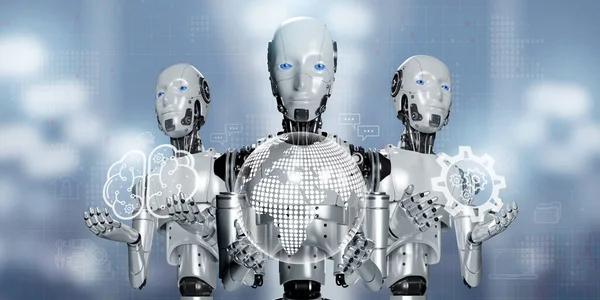 Representación Robots Humanos Que Sostienen Mundo Digital Virtual Cerebro Inteligente —  Fotos de Stock