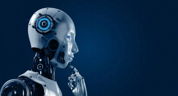 人形机器人机器人机器人的三维渲染思想和计算的蓝色背景与复制空间 手指下巴 人工智能机器深度学习 人工智能未来技术概念 — 图库照片