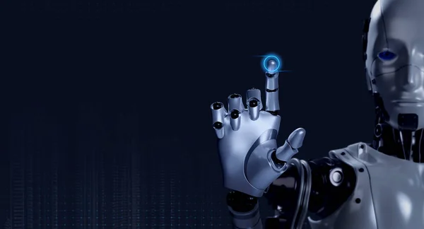 3D渲染智能机器人触摸手指与发光的虚拟数字按钮上的空白屏幕上的深蓝色背景与复制空间 Ai深度学习 人工智能技术概念 — 图库照片
