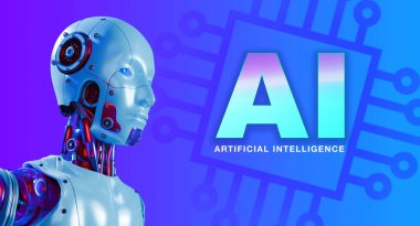 Yakın plan 3D robot portreleri, ileriye bakan insansı robot portreleri ve yapay zeka ve yapay zeka, mavi arkaplan üzerine yazı. Bilgi otomasyon servisi akıllı teknoloji kavramı.