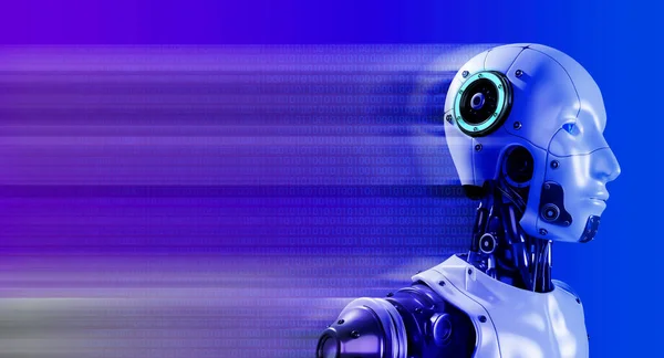 Rendering Humanoider Roboter Portrait Schnell Voran Mit Digitalem Binärcode Blauer — Stockfoto