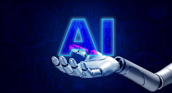 3d robot hand holding virtual AI, text with working development icons on blue digital network background. Ai robotic, artificial intelligence with IOT, lifestyle, business and technology concepts.