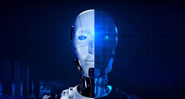 Şehir manzarasında gerçeklik robot yüzü ve yarı şeffaf bir yüz, önden görüş, dijital ikili kod mavi ağ arka planı, yapay zeka insansı makine öğrenme teknolojisi konsepti.