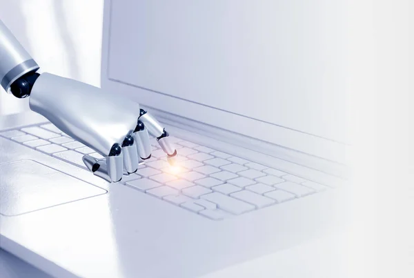 3d rendering smart humanoid robot's hand touching finger on empty key on modern white computer keyboard on white background with copy space. AI learning, artificial intelligence technology concept.