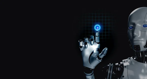 Renderowanie Inteligentny Humanoid Robot Dotykając Palcem Świecący Wirtualny Cyfrowy Przycisk — Zdjęcie stockowe