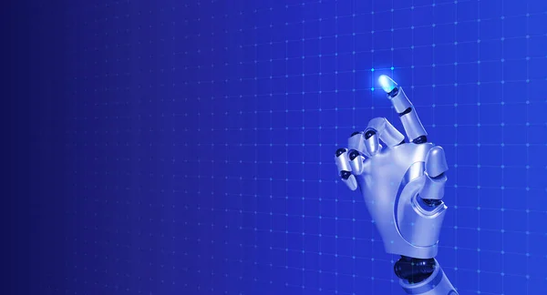 3d rendering smart humanoid robot\'s hand touching finger on square pixel on virtual digital network screen on blue background with copy space. AI learning, artificial intelligence technology concept.