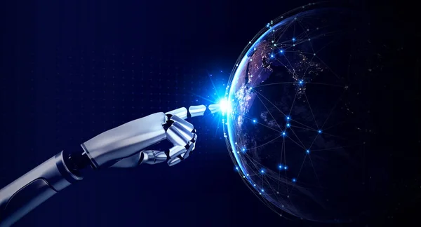 3d rendering humanoid robot\'s hand touching on virtual reality world covered with digital network polygon graphics on blue background. AI machine learning, artificial intelligence technology concept.