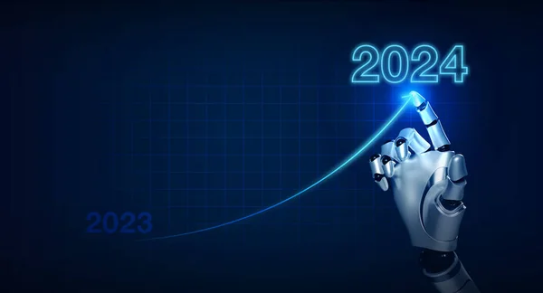 3d rendering AI robot humanoid hand draws rising arrow from 2023 to 2024 calendar years on growth graph, blue grid network background. Business growth and technology with artificial intelligence.