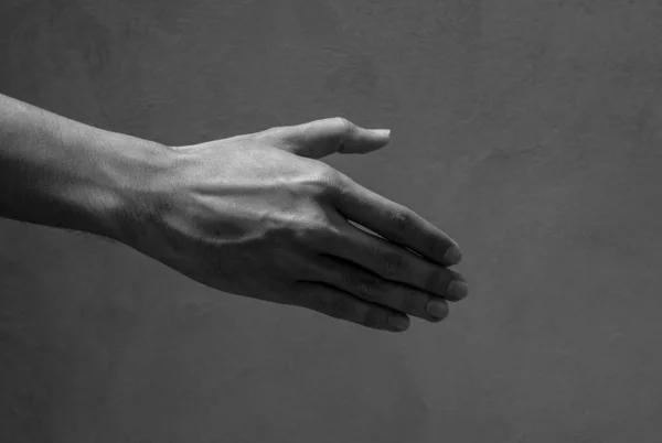 A man\'s right hand with shake hand gesturing with nobody, black and white style. Alone human hand side view is reaching out on empty space, dark tone.