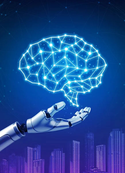 3d robot holding virtual futuristic digital brain glowing over cityscape, blue background, vertical style. Ai technology, machine learning, artificial intelligence with business development concepts.