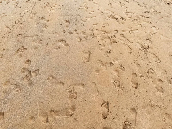 许多人在沙滩上留下脚印 特写许多人从脚步声走到沙滩上的许多方向 海滩旅行 夏季背景概念 — 图库照片
