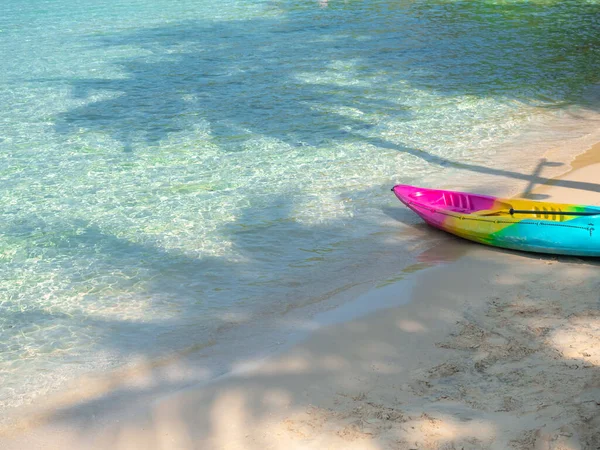 五颜六色的独木舟 干净沙滩上的棕榈树阴影 蓝色的海底色 还有复印空间 活动设备 为酒店或度假胜地的游客准备暑假旅行 — 图库照片