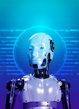 İnsansı robot portreleri ikili kodlarda akıllı görünüyor ve mavi arka planda devre sembolü, dikey stil. Gelecekçi yapay zeka insan cyborg, yapay zeka servis teknolojisi konsepti.