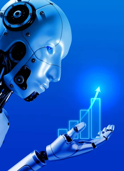 机器人的肖像 手持商业成长图 闪亮的全息图 蓝色背景 垂直风格 带有数字管理的未来主义人工智能 人工智能服务技术概念 — 图库照片