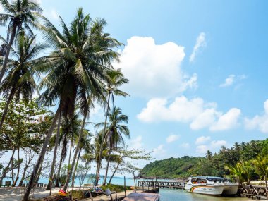 Ao Yai balıkçı köyü sahnesinde Koh Kood adasında tekneler, liman ve palmiye ağaçları, Tayland 'da doğa ve açık hava seyahatleri için kalıcı bir tatil yeri..