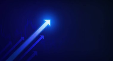 Stok grafiğinde parlayan beyaz oklar yükseliyor. Fotokopi alanı olan koyu mavi arka plan. Yatırım, iş büyüme grafiği, liderlik, kâr, kalkınma, gelecek, finansal ve dijital pazarlama kavramları.