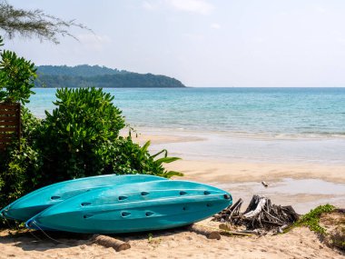 Temiz kumlu sahil ve mavi deniz arka planında odunları kurutan iki mavi kano, yaz tatili seyahatinde otel veya tatil misafirleri için etkinlik ekipmanları hazırlayın..