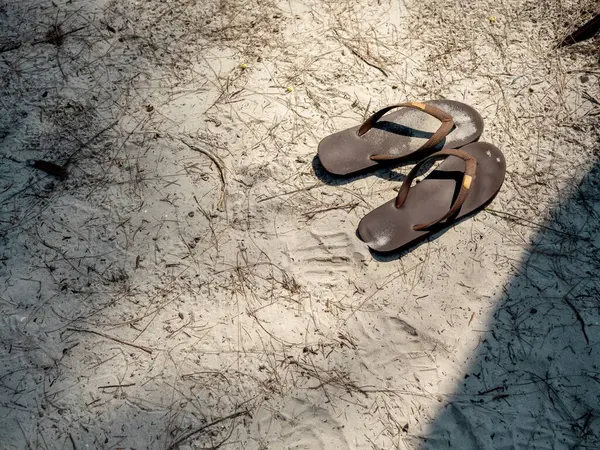 沾满沙子的棕色凉鞋被脱下 放在沙滩上 用干松树叶 日落时在沙滩上散步 带着抄袭的空间 假日及海上旅行的概念 — 图库照片