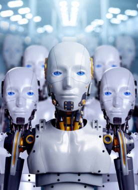 Önde gelen robot portrelerinin ordu, fabrika arka planında endüstriyel robot gruplarının dikey çizimi. Gelecekçi yapay zeka robot takımı, yapay zeka teknolojisi konsepti.