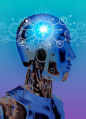 Tüm akıllı teknoloji simgelerini, mavi arkaplanda dijital elementleri gösteren 3D görüntüleme robotu ile Yapay Zeka (AI) beyin çalışması. Arayüz ve ağ bağlantısı kavramında robotik.