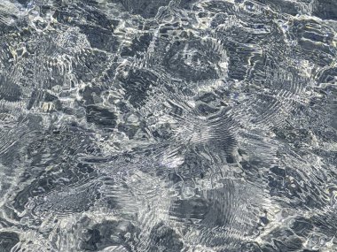 Açık mavi deniz suyu arka planı. Yüzme havuzu yüzeyi, parlak ve temiz su hareketleri, üst manzara. Yazın tatil afişi arkaplanı metin için kopya alanı ile.