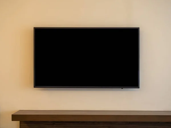 Передній Вигляд Макета Порожній Простір Розумному Телевізійному Чорному Екрані Над — стокове фото