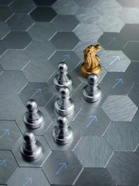Zlatý Kůň Rytíř Šachový Figurka Stojící Před Zlatým Pěšcem Šachové — Stock fotografie