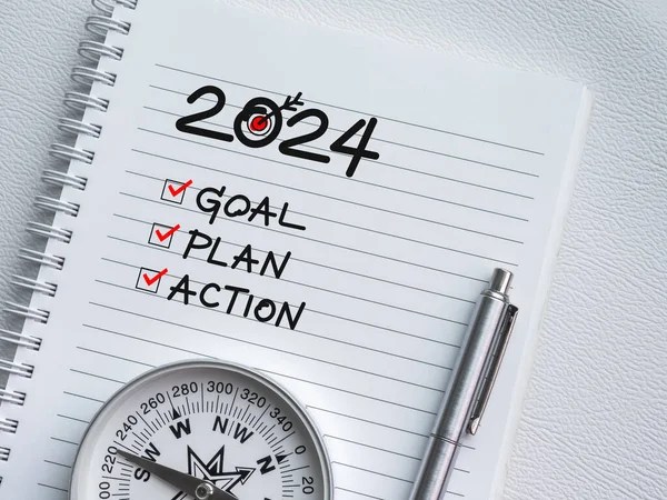 Goals Action Plan Resolution Concept New Year 2024 Words Checklist — Stock Photo, Image