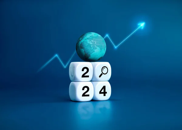 2024 new year global trends concept. 3d earth orb with digital world map placed on white block stack with 2024 year numbers with searching icon and rising arrow, trend growth graph on blue background.