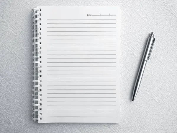 Empty blank of notebook diary page. Template white paper sheet with line and date for note on vertical spiral notepad near a silver pen isolated on white luxury leather background.